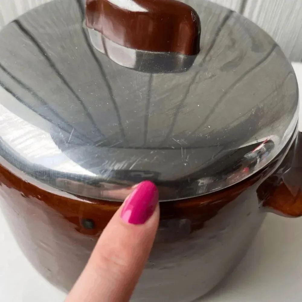 VTG West Bend Brown Glazed Pot Canister Chrome Lid 8.5” Mid Century